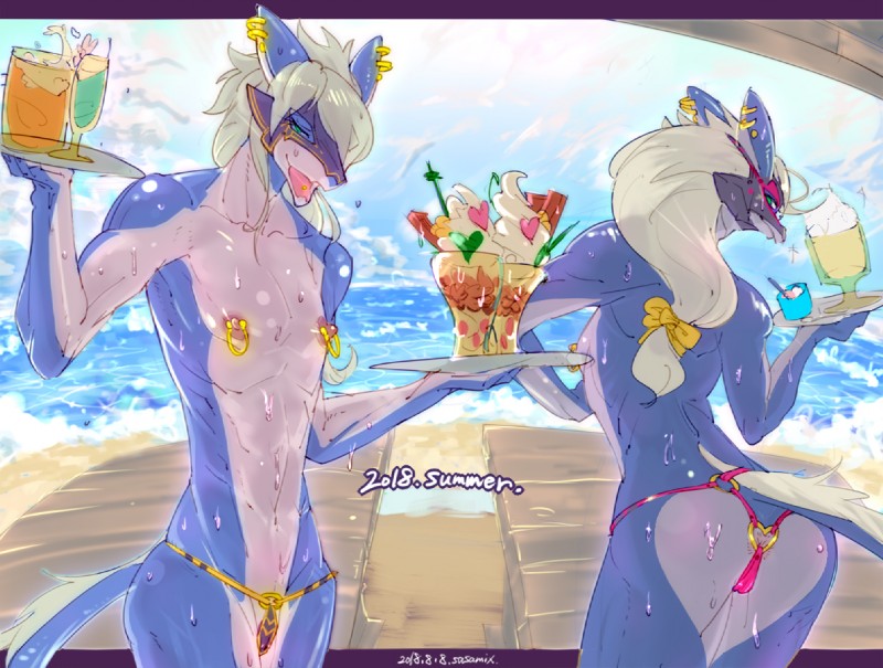 ambiguous_gender anthro anus beach clothed clothing duo fur hair mask nipple_piercing nipples open_mouth outside piercing sea seaside tail water sasamix mythology suridora-chan dragon furred_dragon furred_scalie mythological_creature mythological_scalie scalie