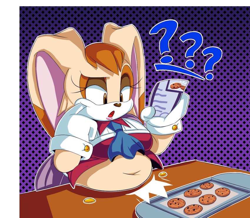 anthro baking baking_tray belly belly_on_table belly_rest bottomwear breasts brown_nose button_(fastener) button_pop clothing confusion cookie cooking countershading cuffs_(clothing) eyelashes face_squish female food fur furniture gloves hair handwear head_tuft holding_object long_ears narrowed_eyes navel open_mouth orange_hair overweight overweight_anthro overweight_female pattern_background question_mark recipe simple_background skirt solo squish table tan_body tan_fur topwear tuft wardrobe_malfunction weight_gain white_body white_countershading white_fur speedsmygame1 sega sonic_the_hedgehog_(series) vanilla_the_rabbit lagomorph leporid mammal rabbit 2022