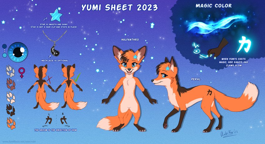 anthro blue_eyes dipstick_tail female female_symbol feral front_view fur gender_symbol markings orange_body orange_fur rear_view side_view symbol tail tail_markings text rukifox yumi_(yatofox) canid canine fox mammal shape_shifter english_text hi_res model_sheet