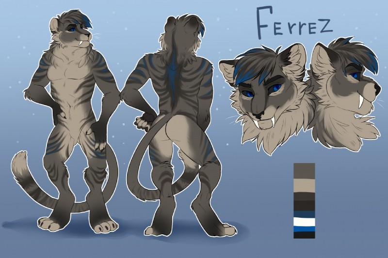 4_toes 5_fingers anthro black_sclera blue_eyes blue_markings digitigrade fangs featureless_crotch feet fingers fur grey_body grey_fur male markings sabertooth_(anatomy) solo stripes teeth toes gimka ferrez felid feline mammal 2019 digital_media_(artwork) model_sheet