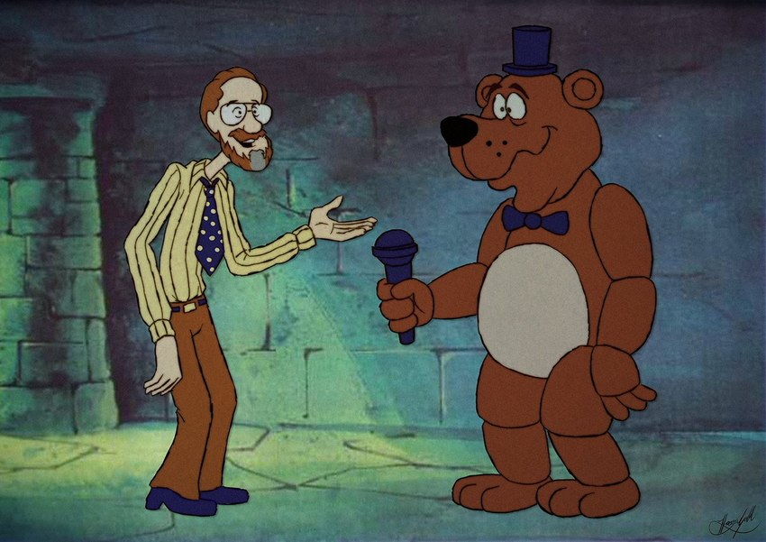 anthro bow_tie clothing duo electronics eyewear glasses hat headgear headwear humor male microphone necktie parody screencap screencap_background top_hat voice_actor_joke harry_gold five_nights_at_freddy's five_nights_at_freddy's_(film) hanna-barbera scooby-doo_(series) scottgames freddy_(fnaf) matthew_lillard scooby-doo shaggy_rogers william_afton_(fnaf) bear human mammal 2023 crossover digital_media_(artwork) signature