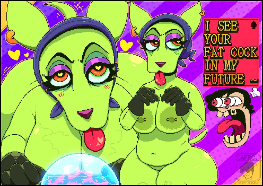 anthro areola big_breasts big_butt black_border border breasts butt clothing female fortune_telling glistening glistening_eyelids gloves green_areola green_body green_ears green_nipples green_tail handwear magic_user mature_female nipple_piercing nipples piercing solo tail vein veiny_breasts witch afro_chan332 cartoon_network courage_the_cowardly_dog pizza_tower shirley_the_medium canid canine canis chihuahua domestic_dog mammal toy_dog absurd_res digital_media_(artwork) hi_res pixel_(artwork)