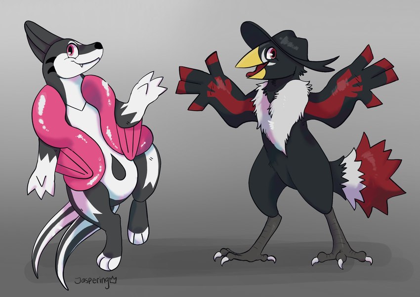 2_tails ambiguous_gender anthro beak black_body black_feathers black_nose claws digitigrade duo fangs feather_hands feathers feet fluffy_chest fur grey_background grey_body grey_claws grey_fur hindpaw markings multi_tail paws pink_eyes pink_fins red_eyes red_markings red_tongue simple_background smile snout tail tail_feathers teeth toe_claws tongue white_body white_fur yellow_beak jaspering nintendo pokemon fan_character floatzel generation_4_pokemon honchkrow pokemon_(species) 2019 digital_drawing_(artwork) digital_media_(artwork) hi_res shaded signature