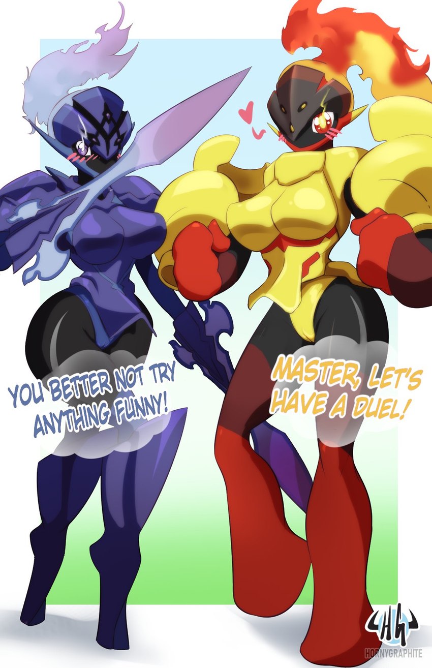 armor big_breasts blue_eyes blush breasts curvy_figure dialogue female heart_symbol huge_breasts melee_weapon simple_background speech_bubble sword text weapon yellow_eyes hornygraphite nintendo pokemon armarouge ceruledge generation_9_pokemon humanoid pokemon_(species) 2022 english_text hi_res