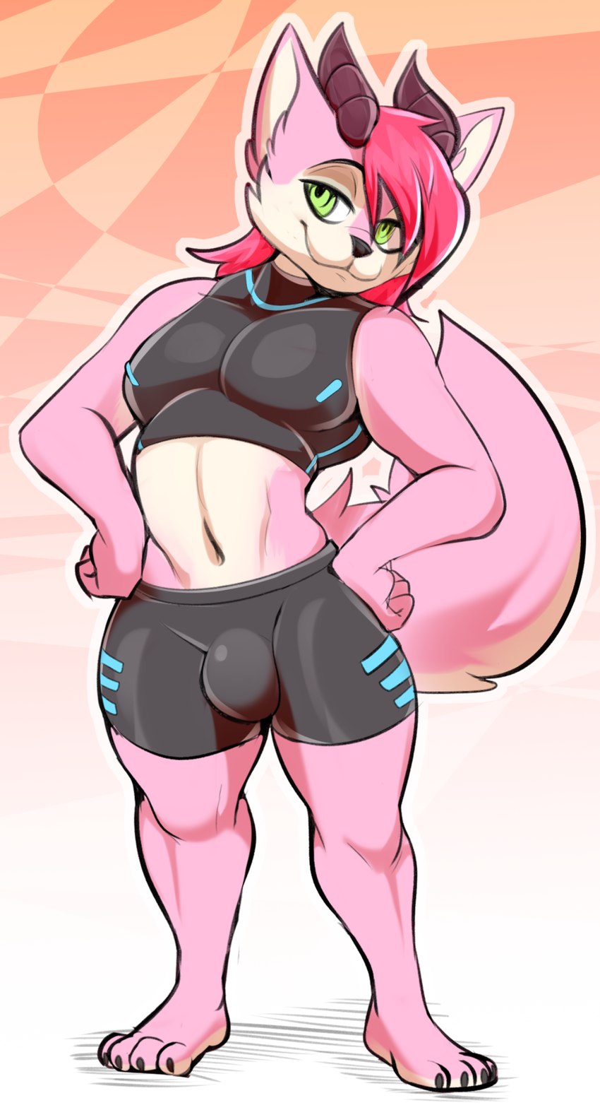 anthro athletic athletic_male black_nose bottomwear bulge clothed clothing countershading crop_top femboy fur green_eyes hair hands_on_hips horn looking_at_viewer male midriff muscular muscular_femboy muscular_male pecs pink_body pink_fur pink_hair shirt shorts simple_background smile smiling_at_viewer solo tight_clothing topwear wide_hips lyme-slyme sion_allona canid canine canis domestic_dog husky hybrid mammal nordic_sled_dog spitz digital_media_(artwork) hi_res