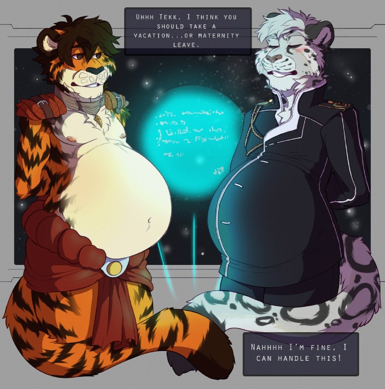 belly big_belly bottomwear clothing collar duo loincloth male pants pregnant pregnant_male shirt shoulder_pads space text topwear tunic uniform the-narutoshi kaydex tekk_(confu5ed) felid mammal pantherine snow_leopard tiger english_text hi_res