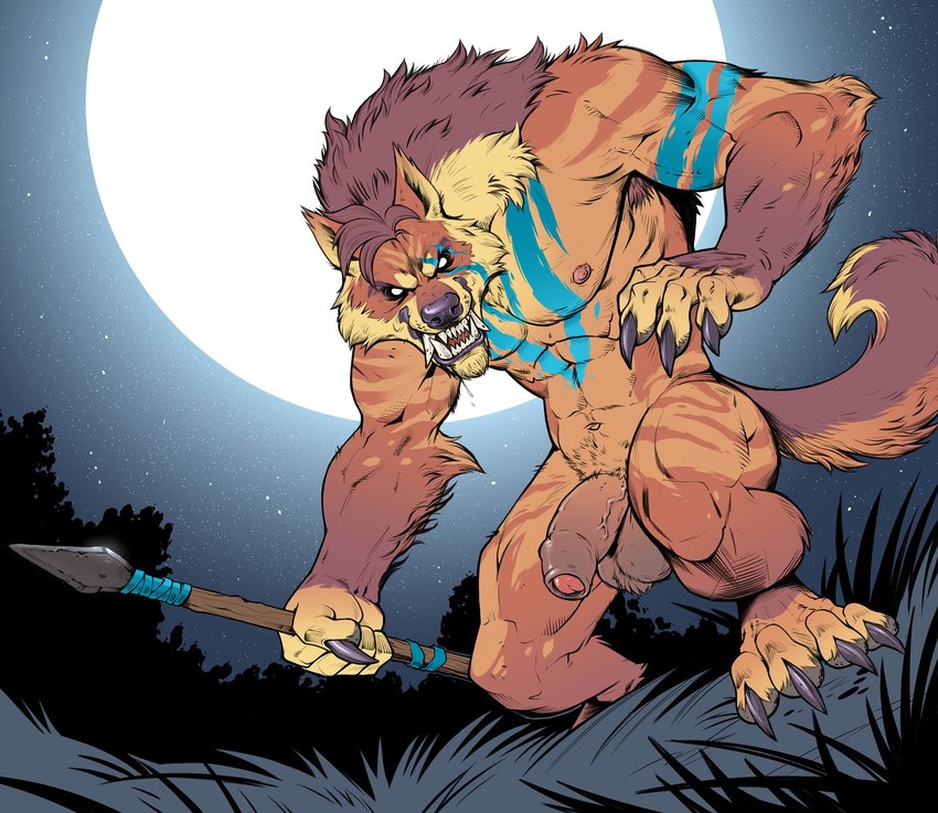 abs anthro armpit_hair ball_tuft balls biceps body_hair brown_body brown_fur brown_hair claws crouching finger_claws flaccid foreskin full_moon fur genitals grass hair holding_melee_weapon holding_object holding_polearm holding_spear holding_weapon humanoid_genitalia humanoid_penis looking_at_viewer male mane mane_hair markings melee_weapon moon muscular muscular_anthro muscular_male night nipples nude outdoor_nudity outside pecs penis plant polearm pubes quads sky solo spear star starry_sky toe_claws triceps tuft vein veiny_penis weapon white_eyes badcoyote mythology canid canine canis mammal mythological_canine mythological_creature werecanid werecanine werecreature werewolf wolf 2021 hi_res