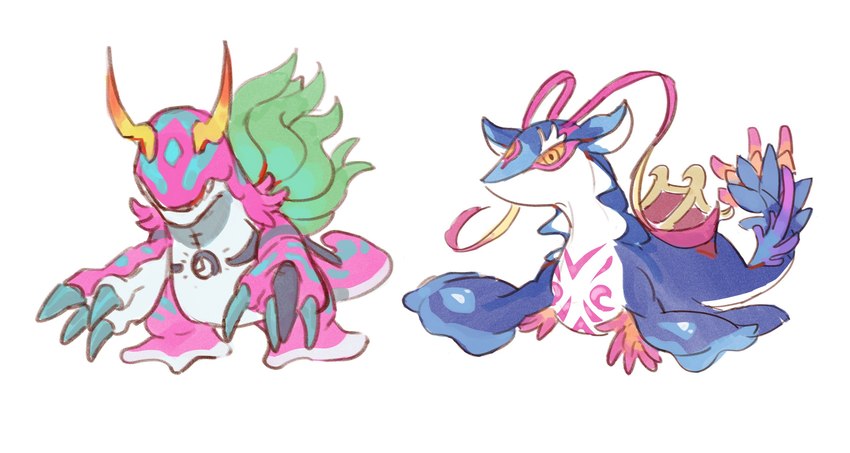 anthro blue_body claws duo evolutionary_family eyeless feral horn pink_body slime yellow_eyes 765nanami bandai_namco digimon aquatic_gastropod digimon_(species) gastropod marine marinebullmon mollusk ryugumon sea_slug slug hi_res