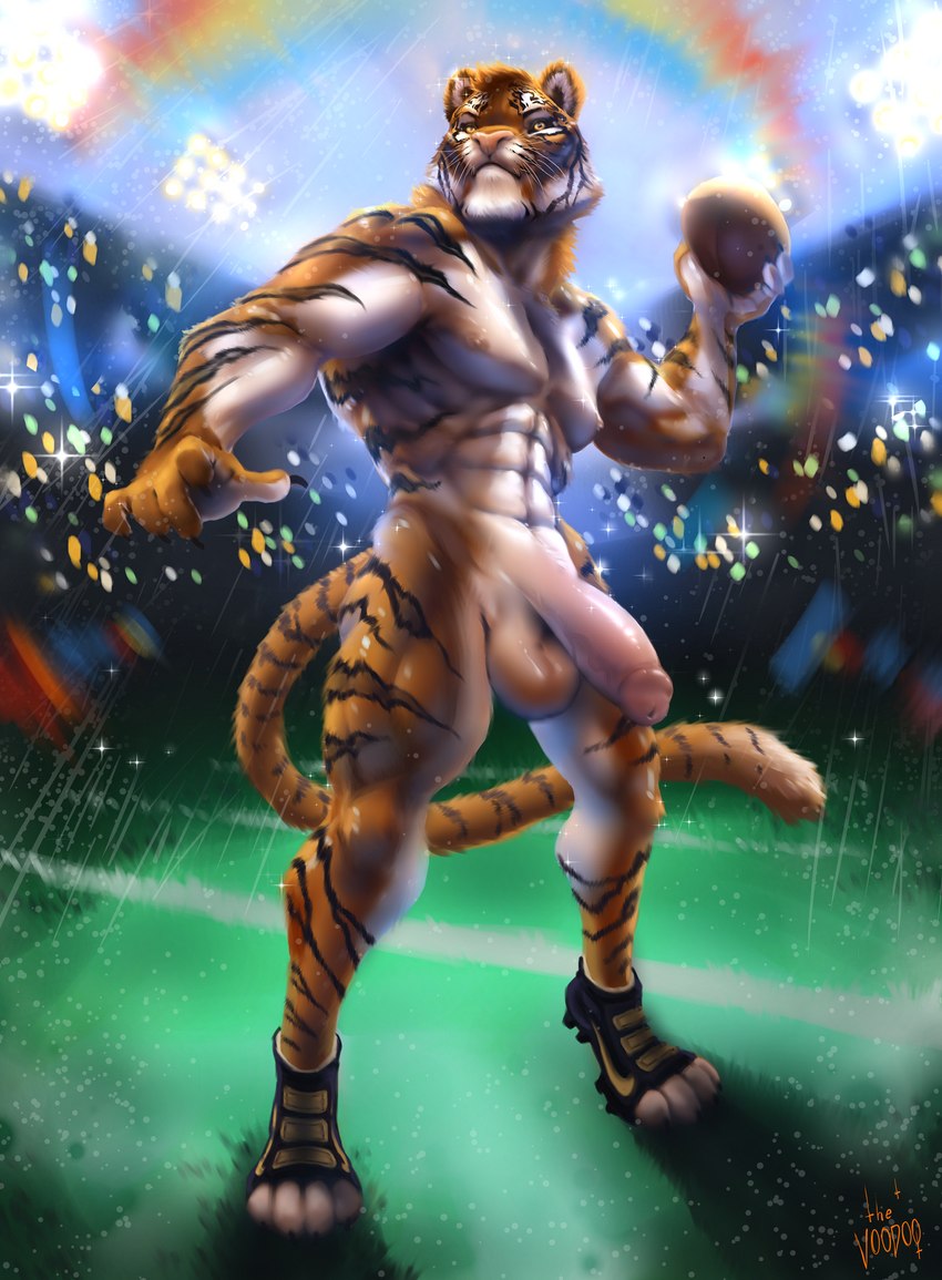 abs anthro balls cleats football_player fur genitals glans humanoid_genitalia humanoid_penis male male_anthro markings multicolored_body multicolored_fur multicolored_tail muscular muscular_anthro muscular_male nipples nude penis public solo sport sportswear striped_markings stripes tail tail_markings two_tone_body two_tone_fur vein wet yellow_eyes the_v00d00 felid mammal pantherine tiger absurd_res hi_res