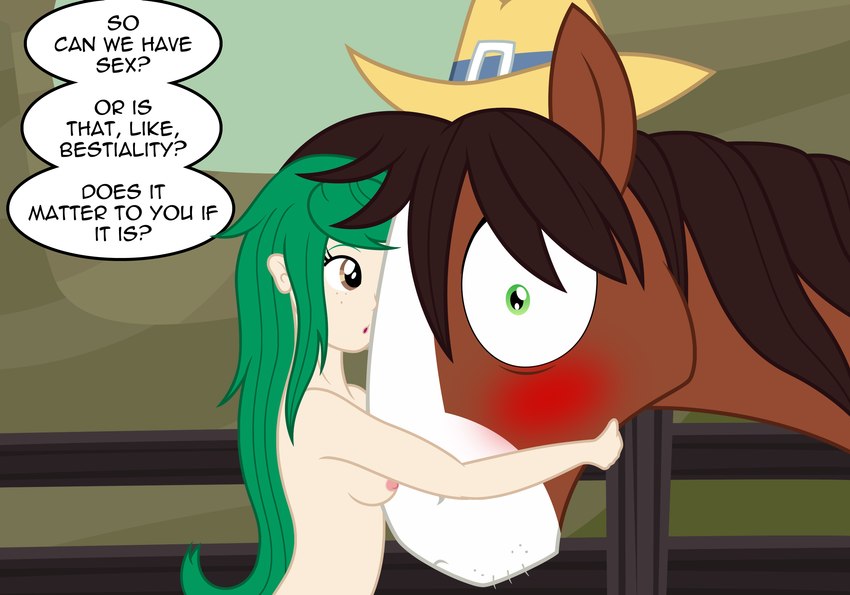 blush breasts brown_eyes brown_hair clothing cowboy_hat dialogue duo female female_on_feral fence feral freckles green_eyes green_hair hair hat headgear headwear hug imminent_bestiality imminent_sex long_hair nipples nude text wide_eyed badumsquish friendship_is_magic hasbro my_little_pony troubleshoes_(mlp) wallflower_blush_(eg) equid equine horse human mammal pony english_text hi_res