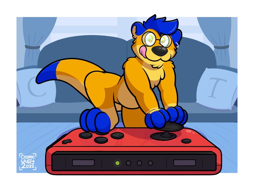 anthro blue_hair controller eyewear focusing game_controller gaming glasses hair male micro nintendo_controller paws solo cosmicwuffy_(artist) nintendo nintendo_switch tigerthemeerkat herpestid mammal meerkat 2022 4:3 hi_res