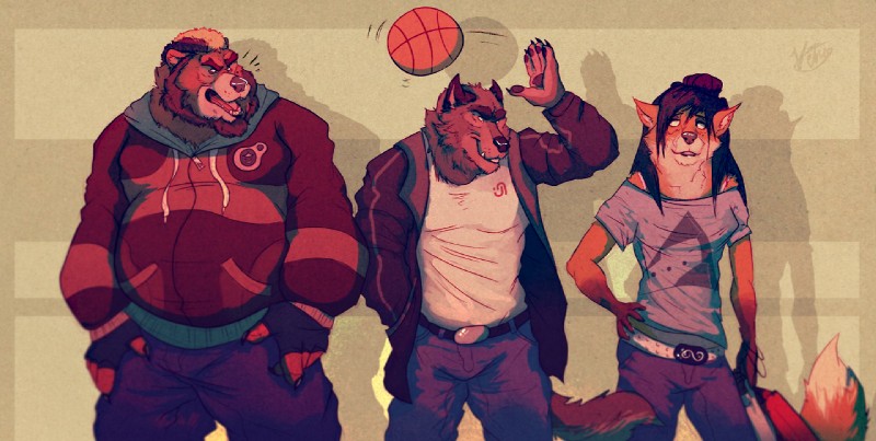 anthro bag ball basketball_(ball) beard belt bottomwear brown_body brown_fur clothing facial_hair fangs female fingerless_gloves fur gloves grainy group hair handwear jacket long_hair male mohawk muscular orange_body orange_fur overweight pants shirt size_difference tank_top teeth topwear vetrowolf bear canid canine canis fox mammal wolf