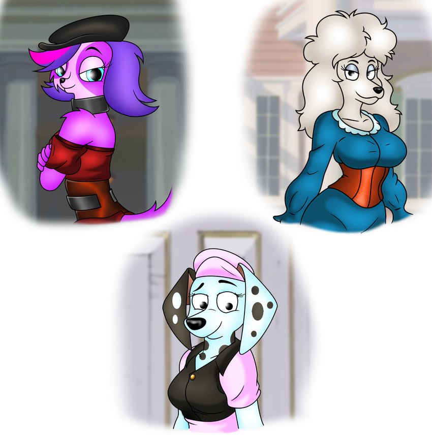 5_fingers anthro anthrofied black_body black_fur black_nose breasts clothed clothed_anthro clothed_female clothing dress female fingers fur group hair hat headgear headwear humanoid_hands markings multicolored_body multicolored_fur purple_body purple_fur purple_hair spots spotted_body spotted_fur trio two_tone_body two_tone_fur white_body white_fur white_hair folwilliar 101_dalmatian_street 101_dalmatians disney hasbro housebroken littlest_pet_shop littlest_pet_shop_(2012) delilah_(101_dalmatians) honey_(housebroken) zoe_trent bird_dog canid canine canis cavalier_king_charles_spaniel dalmatian domestic_dog hunting_dog mammal poodle spaniel toy_dog hi_res