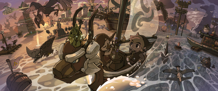 barrel beak being_watched boat cloud detailed_background female group humanoid_pointy_ears looking_at_another male musical_instrument pointy_ears submarine sun sunset tornado vehicle water watercraft kuruuya nintendo the_legend_of_zelda wind_waker aryll king_of_red_lions makar medli pirate_leader_tetra toon_link animal_humanoid animate_inanimate avian avian_humanoid bird blin_(tloz) cephalopod coleoid fish humanoid hylian korok marine mollusk octopodiform rito shark hi_res