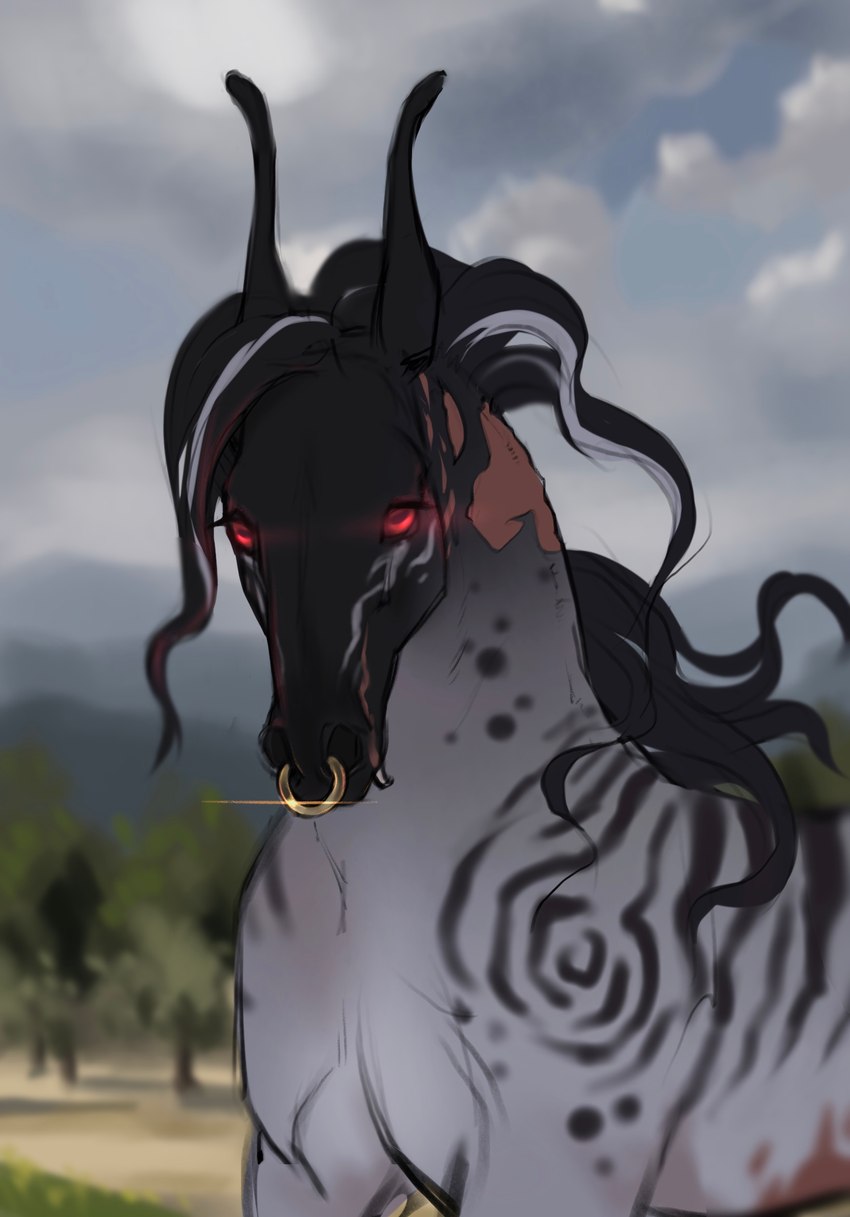 black_hair blue_sky blurred_background cloud day facial_piercing feral fur glowing glowing_eyes grey_body grey_fur hair nose_piercing outside piercing plant quadruped red_eyes septum_piercing sky solo tree novery equid equine horse mammal 2025 digital_media_(artwork) hi_res