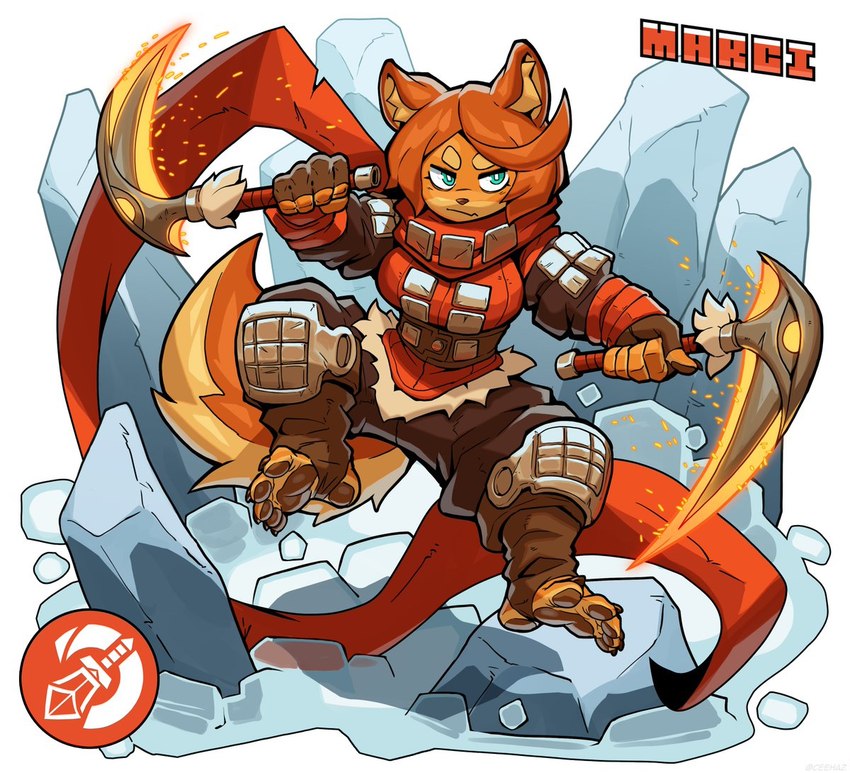 5_toes anthro claws dual_wielding feet female fur hair holding_object holding_weapon humanoid_feet orange_body orange_fur orange_hair pawpads pickaxe plantigrade soles solo stirrup_footwear toes weapon wrinkled_feet wrinkles ceehaz dog_knight_rpg marci_(ceehaz) canid canine canis domestic_dog mammal pomeranian spitz 2024