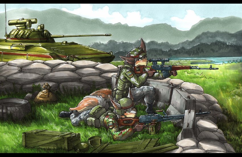 ambiguous_gender anthro biped black_bars black_boots black_clothing black_footwear bmp2 boots bottomwear bulgaria bulgarian_flag clothed clothing detailed_background dragunov duo flag_patch footwear fur grass grass_field green_eyes green_helmet grey_bottomwear grey_clothing grey_pants gun ifv kneeling lying machine_gun military military_uniform military_vehicle on_front on_ground orange_body orange_fur pants pkm plant pouches ranged_weapon rifle sandbag shoes sniper_rifle svd text tire uniform vehicle weapon ewgengster fir_(kaelies) kaelies_(character) canid canine fox mammal 2022 absurd_res english_text hi_res letterbox traditional_media_(artwork)