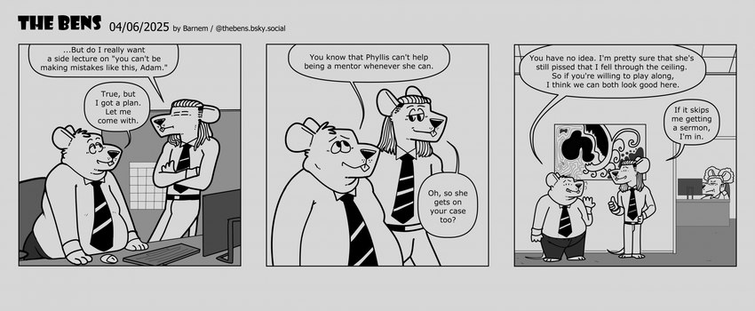 anthro belly bottomwear clothing computer dialogue duo electronics group male necktie overweight overweight_male pants shirt text topwear barnem mammal murid murine rat rodent 2025 comic english_text hi_res monochrome