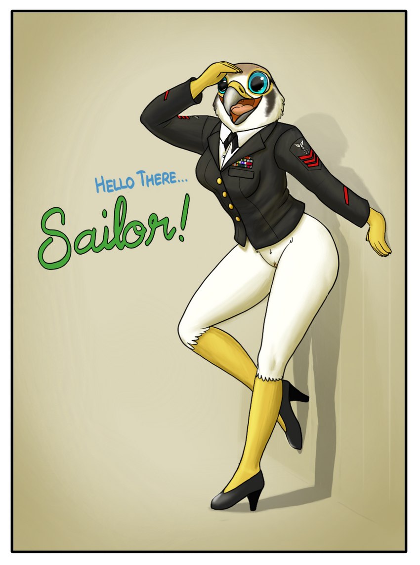 anthro border bottomless breasts clothed clothing female footwear genitals high_heels military military_uniform navy navy_uniform pose pumps pussy shoes solo suit uniform white_border fish_birb u.s._navy evy_(fish_birb) american_kestrel avian bird falcon falconid kestrel hi_res pinup