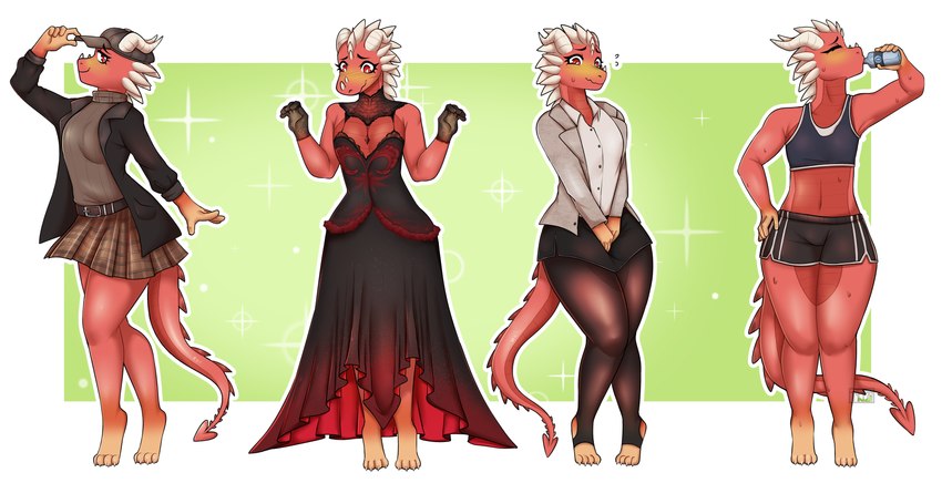 anthro biped bottomwear clothed clothing dress exercise_clothing femboy horn male office_clothing red_body red_scales scales skirt solo spikes trinitynight european_mythology mythology ember_(xjax1) dragon mythological_creature mythological_scalie scalie western_dragon absurd_res hi_res