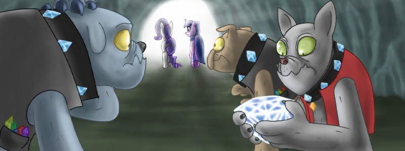 cave clothed clothing collar cutie_mark female feral fur gem group hair horn inside male multicolored_hair purple_body purple_fur purple_hair smile white_body white_fur rautakoura friendship_is_magic hasbro my_little_pony mythology fido_(mlp) rarity_(mlp) rover_(mlp) spot_(mlp) twilight_sparkle_(mlp) canid diamond_dog_(mlp) equid equine mammal mythological_creature mythological_equine unicorn 2014