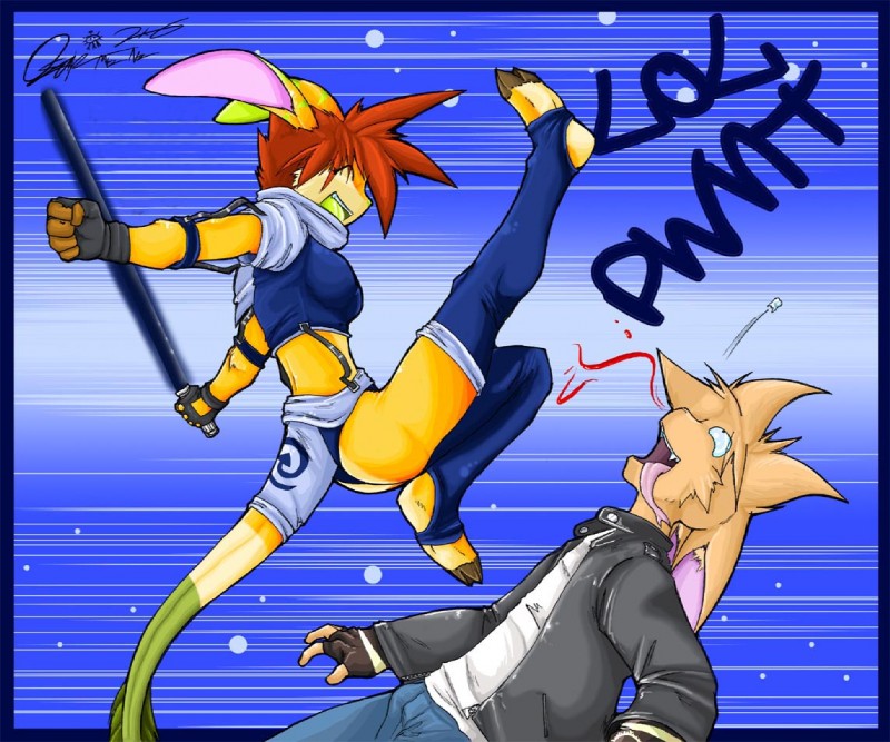 action_pose anthro blood bodily_fluids clothing duo female footwear furgonomics humor kick legwear male nosebleed pose side_view socks stirrup_socks tail tail_clothing violence 0r0ch1 aycee 0r0 ac_(aycee) chimera hybrid lagomorph leporid mammal rabbit artist_collaboration