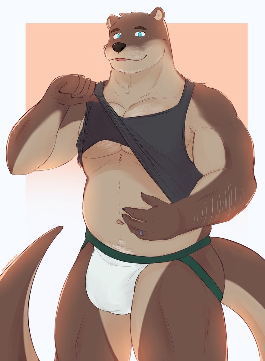 anthro blue_eyes clothing exposed_belly inviting jockstrap male solo underwear lmaostakovich echo_(game) echo_(series) echo_project mr._bronson mammal mustelid otter absurd_res hi_res