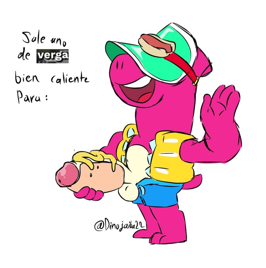 anthro balls big_penis bottomwear clothed clothing covered_eyes erection fingers food genitals hand_waving hot_dog long_penis male mustard open_mouth penis penis_hot_dog pink_body short_tail shorts simple_background smile solo sun_visor tail teeth text tongue topwear dinojaiba22 brawl_stars supercell_(company) doug_(brawl_stars) animal_humanoid dinosaur humanoid prehistoric_species reptile scalie digital_media_(artwork) spanish_text