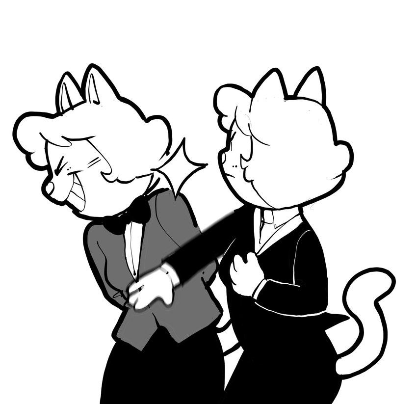 anthro breasts clothed clothing duo face_slap female fully_clothed hair short_hair simple_background slap suit tail creator_ant will_smith_slapping_chris_rock amy_(creator_ant) domestic_cat felid feline felis mammal black_and_white hi_res meme monochrome