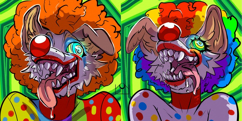 abstract_background anthro clown clown_costume clown_makeup clown_nose female front_view hypnosis hypnotic_eyes male mind_control nightmare_fuel teeth_showing tongue tongue_out wig errokioslem hypnovember isabelle_(notanumber) oscar_(notanumber) canid canine mammal 2:1 digital_drawing_(artwork) digital_media_(artwork) headshot_portrait hi_res portrait brother_(lore) brother_and_sister_(lore) sibling_(lore) sister_(lore)