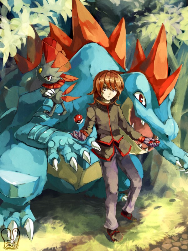 ambiguous_gender brown_hair claws clothed clothing day feral grass group hair holding_object holding_pokeball leaf looking_at_viewer male open_mouth outside plant pokeball pokedex red_eyes smile standard_pokeball teeth tongue sa-dui nintendo pokemon silver_(pokemon) crocodilian feraligatr generation_2_pokemon generation_4_pokemon human mammal mustelid pokemon_(species) reptile scalie weavile 3:4 hi_res