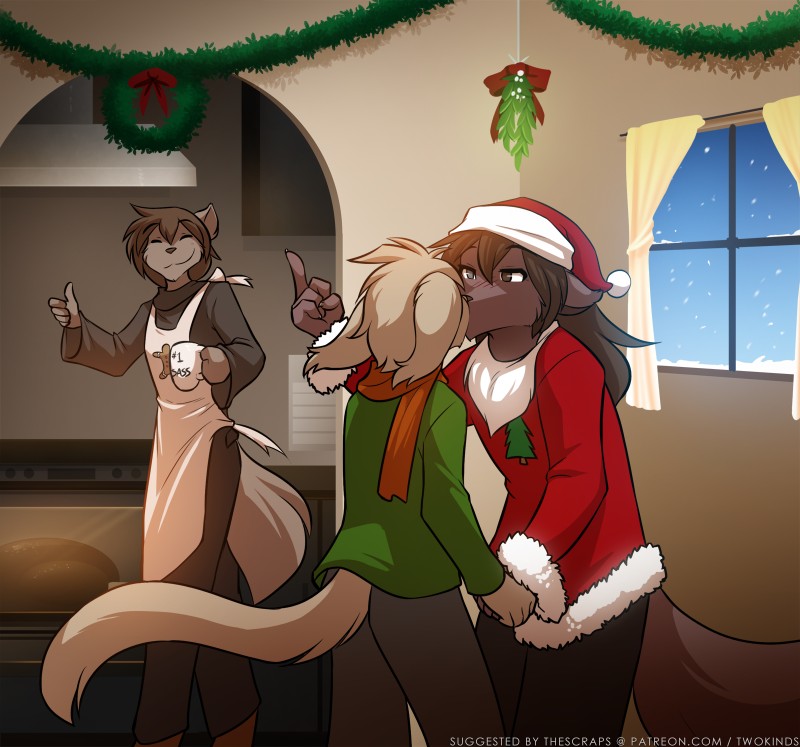 :3 anthro apron blush brown_body brown_fur christmas_clothing christmas_headwear clothed clothing container cup detailed_background eyes_closed fake_beard female fur gesture group hand_gesture hand_holding hat headgear headwear heterochromia holding_object holidays humor inside kissing_bough kitchen larger_female male middle_finger mistletoe plant santa_hat scarf size_difference smaller_male smile snow text thumbs_up window winter conditional_dnp tom_fischbach christmas twokinds keith_keiser natani zen_(twokinds) basitin canid canine canis keidran mammal wolf 2018 adobe_photoshop_(artwork) colored digital_media_(artwork) english_text hi_res url sibling_(lore)