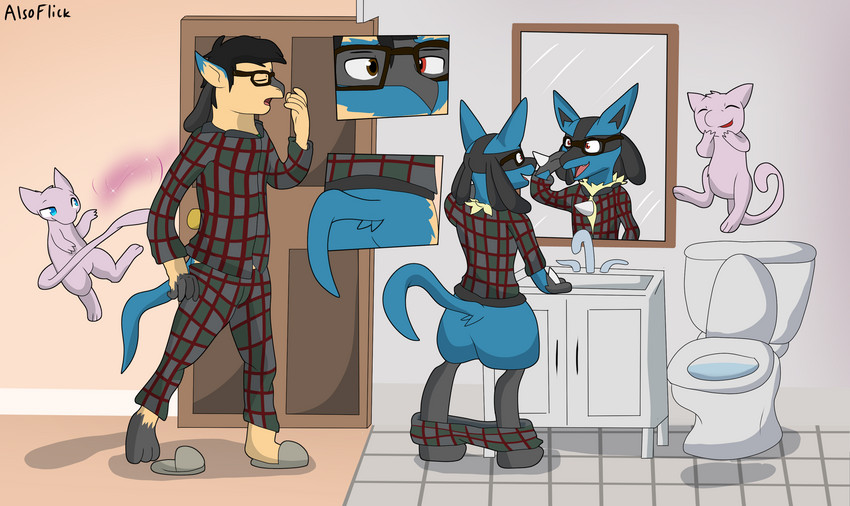 anthro aura clothing duo feral human_to_anthro magic male mirror pajamas species_transformation tail transformation alsoflick nintendo pokemon avelicanart generation_1_pokemon generation_4_pokemon legendary_pokemon lucario mew_(pokemon) pokemon_(species) hi_res