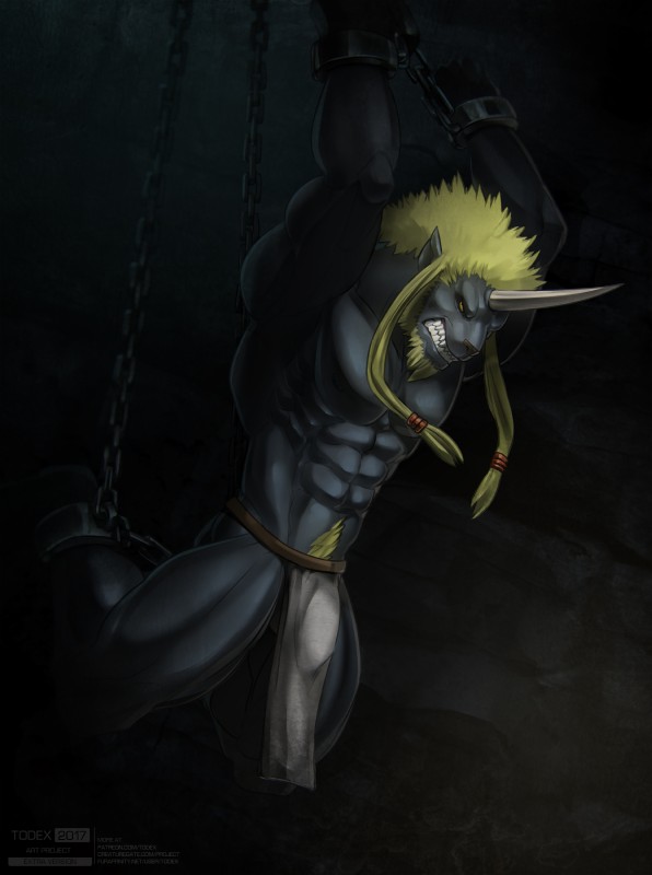 anthro bdsm beard bondage bottomwear bound bulge chain chained clothing detailed_bulge facial_hair genital_outline horn loincloth male penis_outline solo text todex final_fantasy final_fantasy_x square_enix biran felid mammal ronso absurd_res hi_res url