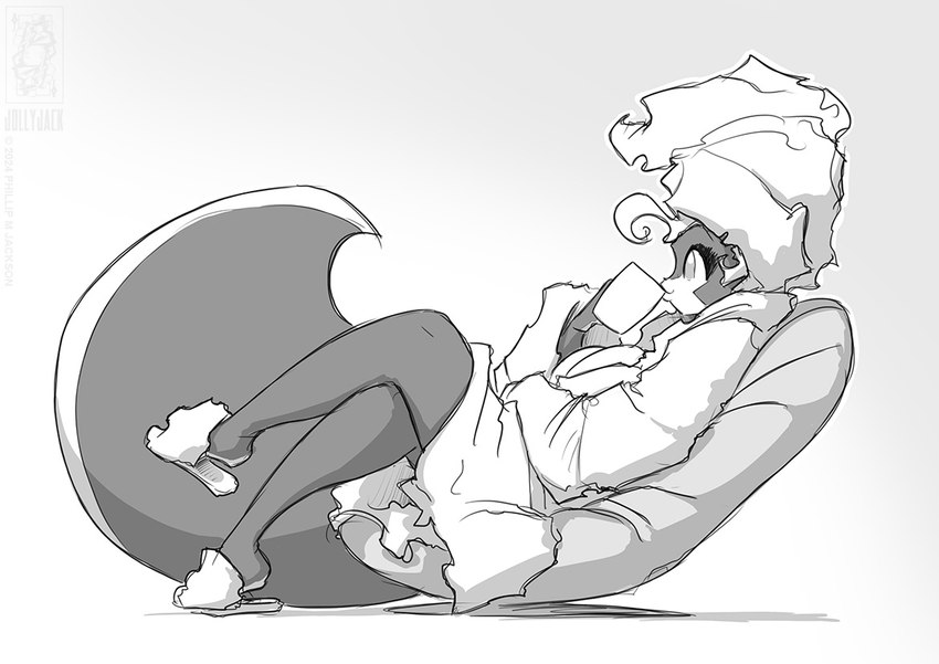 anthro bathrobe breasts cleavage clothed clothing coffee_mug drinking female robe sitting solo towel towel_on_head conditional_dnp jollyjack chloe_sinclaire mammal mephitid skunk 2024 greyscale monochrome