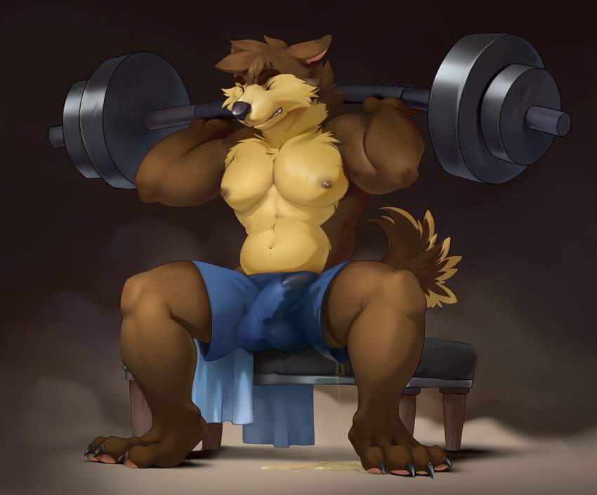 anthro bodily_fluids bulge clothing desperation dumbbell genital_fluids male omorashi peeing simple_background solo sport underwear urine urine_on_self urine_pool watersports weights wetting kisha_(artist) redtable cerffou canid canine canis mammal wolf absurd_res artist_collaboration hi_res