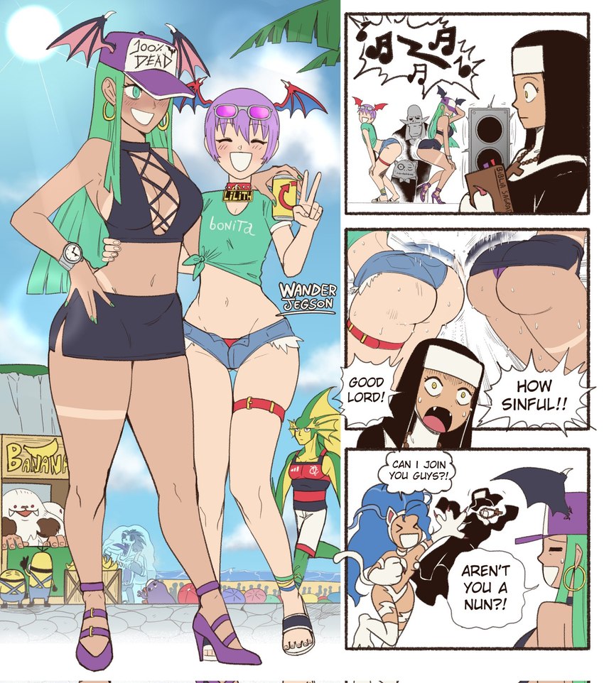 banana beach blue_hair bodily_fluids butt clothing dancing dialogue female food fruit green_hair group hair head_wings humor hypocrisy nun nun_outfit plant purple_hair suntan sweat sweaty_butt tan_line technically_nude trio twerking undressing unusual_wing_placement wings wanderjegson capcom darkstalkers despicable_me illumination_entertainment felicia_(darkstalkers) lilith_aensland lord_raptor morrigan_aensland rikuo sasquatch_(darkstalkers) animal_humanoid felid feline fish fish_humanoid human humanoid mammal marine marine_humanoid minion_(despicable_me) succubus comic hi_res