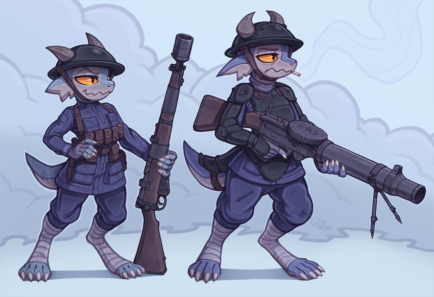 anthro armor cigarette clothing duo gun headgear helmet horn machine_gun military_uniform ranged_weapon rifle smile standing uniform weapon goobone kobold scalie hi_res