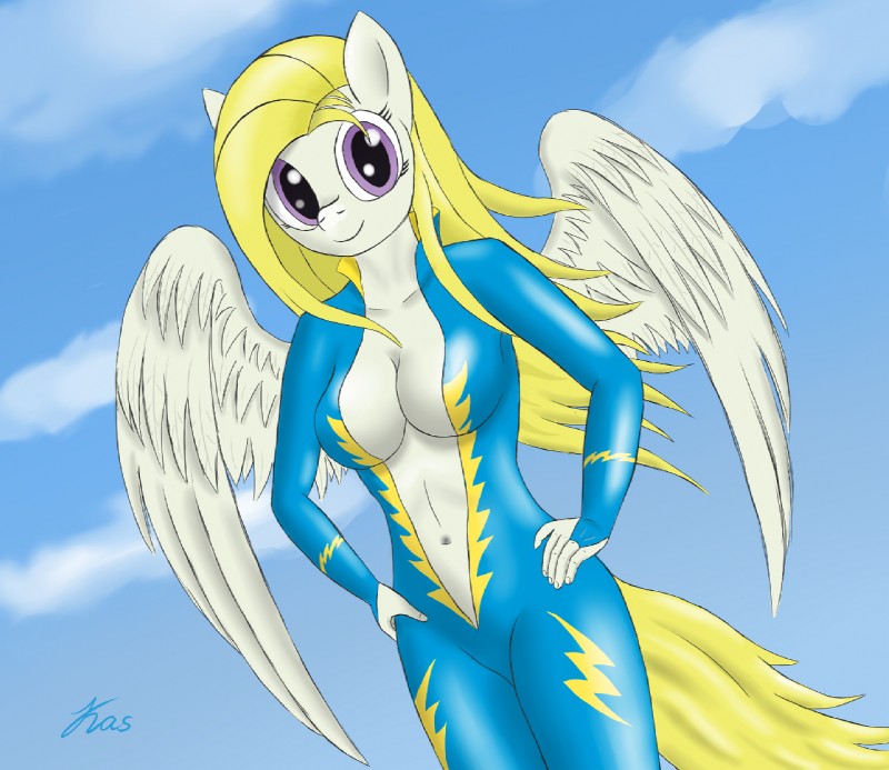 anthro blonde_hair breasts clothing cloud detailed_background feathered_wings feathers female fur hair latex long_hair looking_at_viewer navel outside purple_eyes sky skyscape smile solo uniform white_body white_feathers white_fur wings kasaler hasbro my_little_pony mythology surprise_(g4) equid equine mammal mythological_creature mythological_equine pegasus