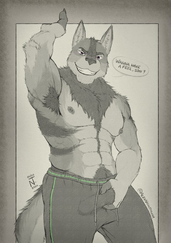 abs anthro arm_tuft armpit_hair asking asking_viewer bedroom_eyes biceps body_hair bottomwear bulge cheek_tuft chest_hair claws clothed clothing dark_body dark_fur dark_nipples detailed_bulge dialogue doorway elbow_tuft eyebrows facial_tuft finger_claws fluffy fluffy_tail fur fur_markings fur_tuft genital_outline grey_body grey_fur grin hairy happy_trail head_tuft holding_bulge implied_incest inner_ear_fluff inviting light_body light_fur looking_at_viewer male markings muscular muscular_anthro muscular_male narrowed_eyes naughty_face neck_tuft nipples obliques pants pecs penis_outline pointy_ears pose prick_ears pubes purple_eyes question raised_arm seductive serratus sharp_teeth short_story shoulder_tuft simple_background smile solo speech_bubble standing standing_in_doorway sweatpants tail talking_to_viewer tall teeth text topless triceps tuft yes-no_question ninjatertel alex_nightmurr canid canine canis mammal wolf 2020 absurd_res character_name commissioner_name digital_drawing_(artwork) digital_media_(artwork) english_text hi_res partially_colored pinup portrait signature story story_in_description three-quarter_portrait