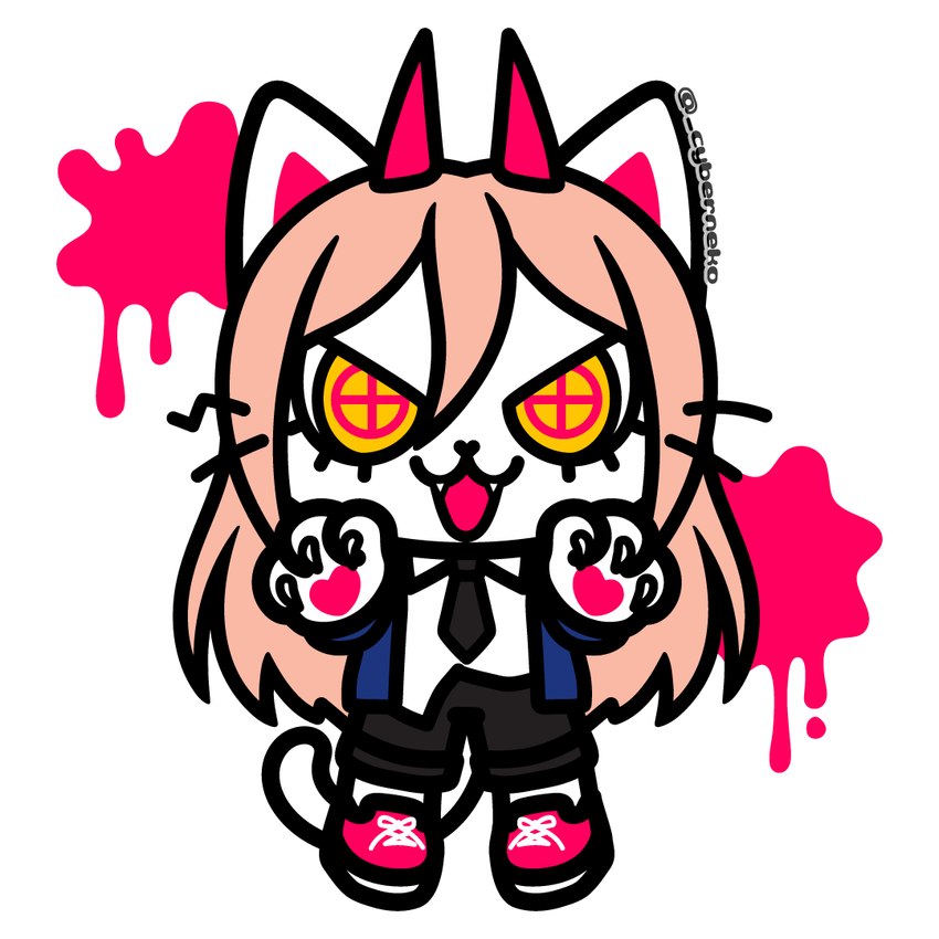 alternate_species anthro blood bodily_fluids claws clothing female footwear furrification necktie open_mouth paws shoes simple_background solo superflat tail white_background cyberneko chainsaw_man power_(chainsaw_man) demon domestic_cat felid feline felis mammal 1:1