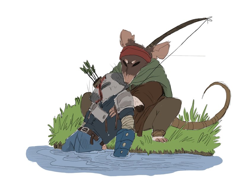 anthro arrow_(weapon) biped blood bodily_fluids bow_(weapon) brown_body clothed clothing duo ranged_weapon water weapon wietrzyca1 tails_of_iron robin_(tails_of_iron) mammal murid murine rat rodent 2023 hi_res