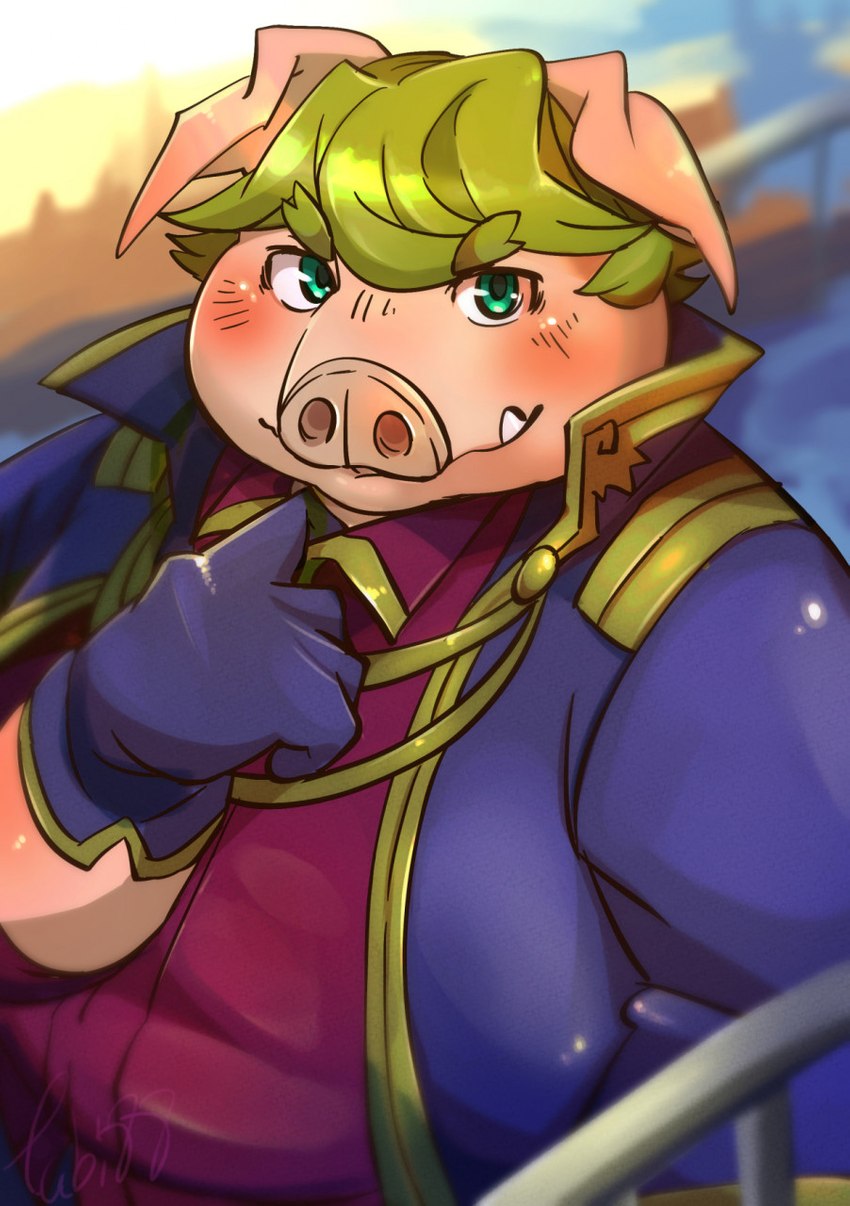 anthro belly blonde_hair blush chubby_cheeks classy clothed clothing coat_cape gloves green_eyes hair handwear male overweight overweight_anthro overweight_male shirt_collar_pull smile solo tusks matatabi88 tiri_mama domestic_pig mammal suid suine sus_(pig) hi_res