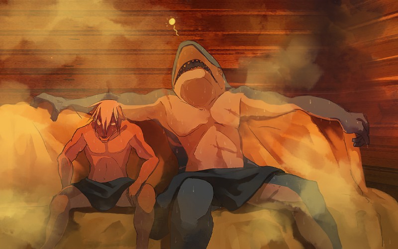 anthro blonde_hair bodily_fluids clothed clothing duo hair male relaxing sauna sitting size_difference steam sweat topless towel towel_only lowerkuo チキンカ canid canine fish great_white_shark mackerel_shark mammal marine shark white_shark 16:10 widescreen