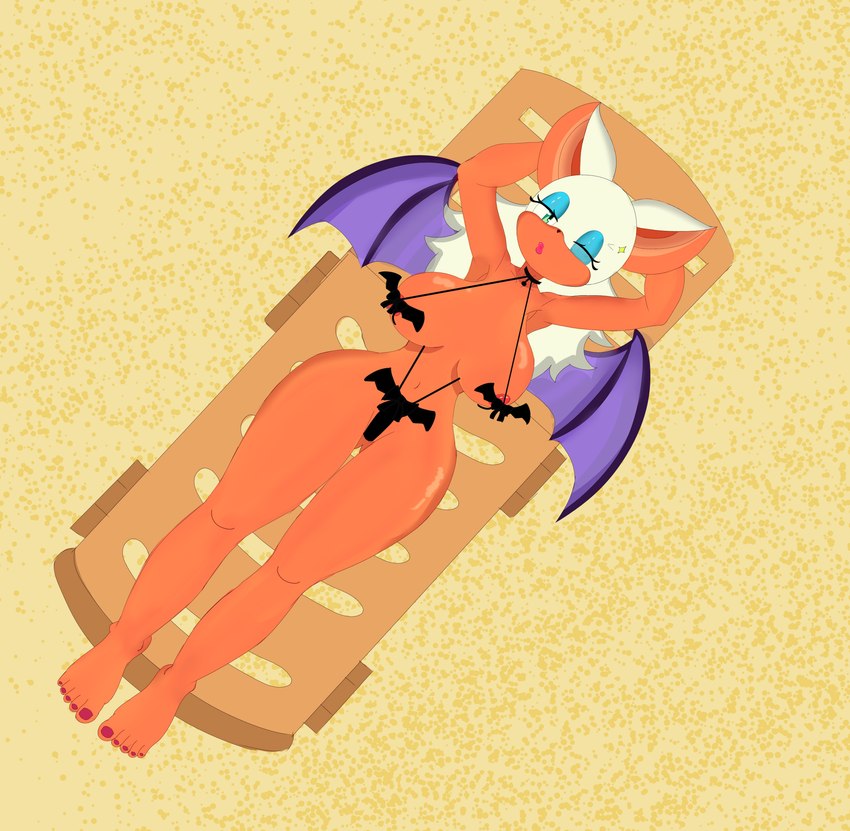 batkini beach bikini biped bird's-eye_view chair clothing female furniture high-angle_view lounge_chair lying on_back solo sunbathing swimwear two-piece_swimsuit mrazel sega sonic_the_hedgehog_(series) rouge_the_bat bat mammal absurd_res digital_media_(artwork) full-length_portrait hi_res portrait