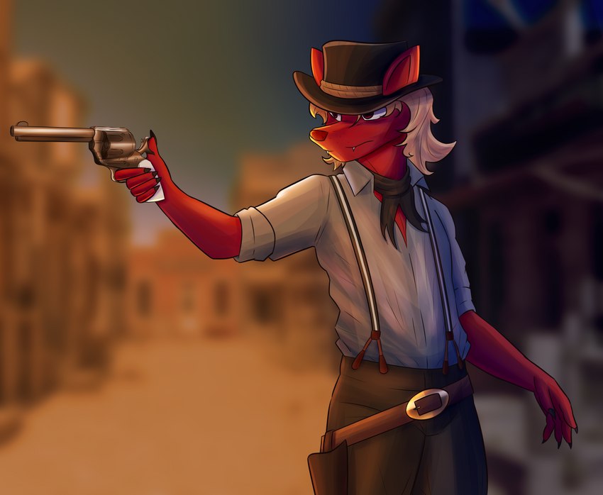 anthro blurred_background clothing colt_single_action_army cowboy_hat cowboy_outfit gun handgun hat headgear headwear looking_away male ranged_weapon revolver scarf single_action solo weapon wild_west floppochkin saikar canid canine canis mammal wolf hi_res