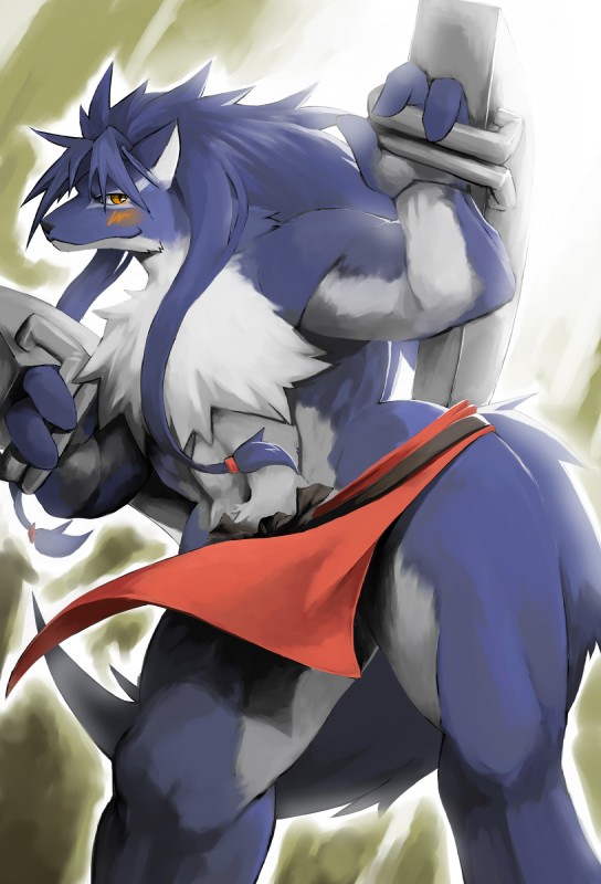 amber_eyes anthro big_muscles blue_body blue_fur blush bottomwear clothing countershading fur grin loincloth male muscular muscular_anthro muscular_male smile solo white_body white_fur bara31042525_(pixiv) sega shining_(sega) shining_force shining_force_exa duga_(shining) canid canine canis mammal sourou_cerulean_wolf wolf hi_res