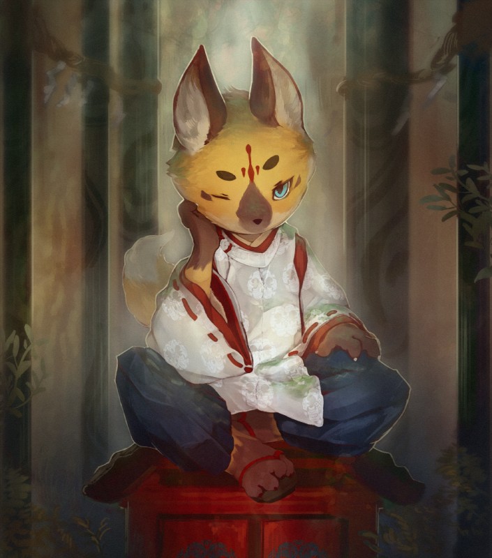 anthro asian_clothing biped blue_eyes bottomwear claws clothed clothing dress_shirt east_asian_clothing footwear forest fox_ears fox_tail fully_clothed fur japanese_clothing kemono looking_at_viewer male one_eye_closed outside pants paws plant sandals shirt shoes sitting solo topwear tree wink winking_at_viewer yellow_body yellow_fur totatetta asian_mythology east_asian_mythology japanese_mythology mythology canid canine fox mammal 2018 hi_res wallpaper