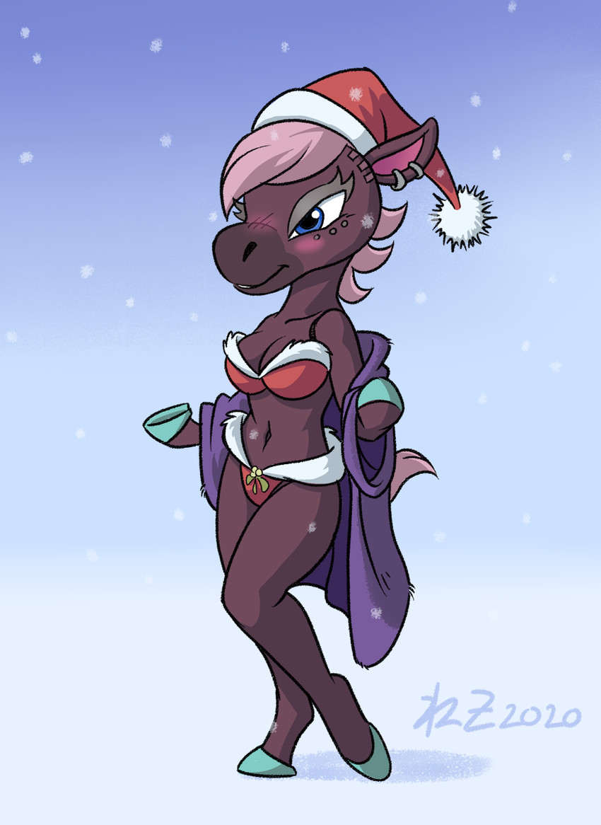 anthro bathrobe blue_eyes blush bra breasts brown_body brown_fur christmas_clothing christmas_headwear cleavage clothed clothing female fur hair hat headgear headwear holidays hooves mistletoe navel panties pink_hair plant red_bra red_clothing red_panties red_underwear robe santa_hat solo undercut underwear underwear_only sankam animal_crossing christmas nintendo reneigh_(animal_crossing) equid equine horse mammal 2020 hi_res