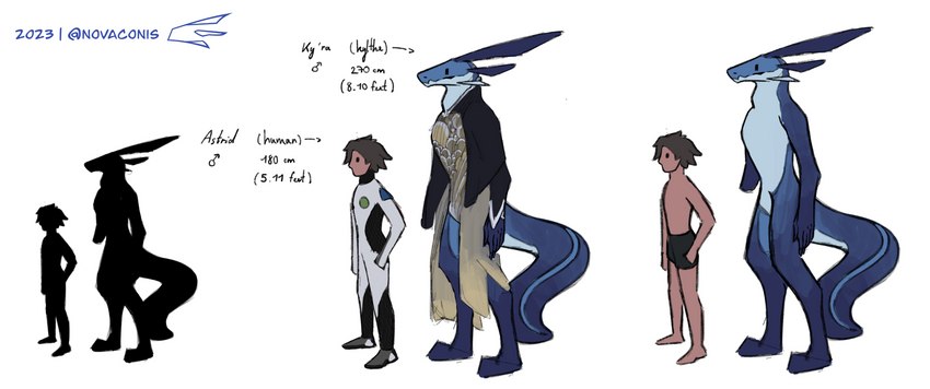 anthro big_tail blue_body clothing concept disability duo male mixed_race one_arm person_of_color simple_eyes size_difference tail tall underwear novaconis astrid_(novaconis) ky-ra_the_kylthe_(novaconis) alien human kylthe_(novaconis) mammal absurd_res hi_res